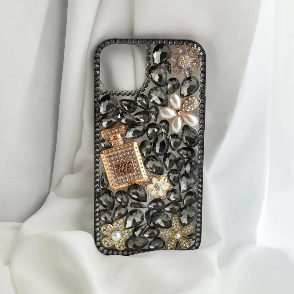 Diamond Encrusted Silicone Black iPhone case with Perfume bottle - iPhone 14/13